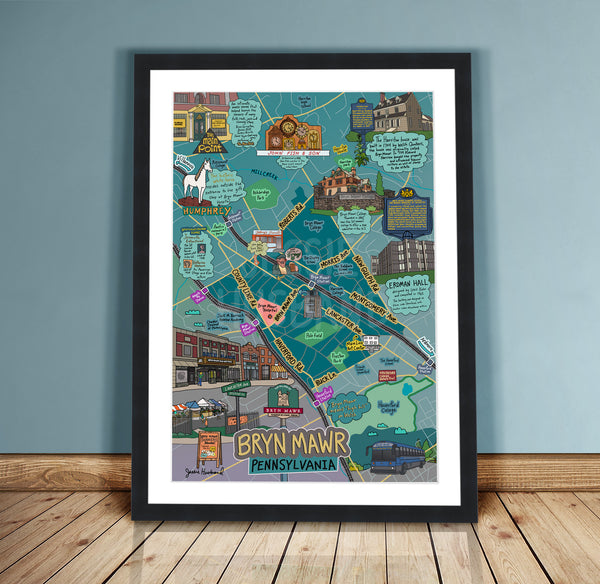 Map of Bryn Mawr, Map Art, Main Line, Pennsylvania (customization and framing options)