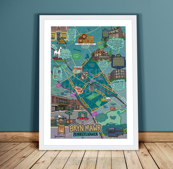 Map of Bryn Mawr, Map Art, Main Line, Pennsylvania (customization and framing options)