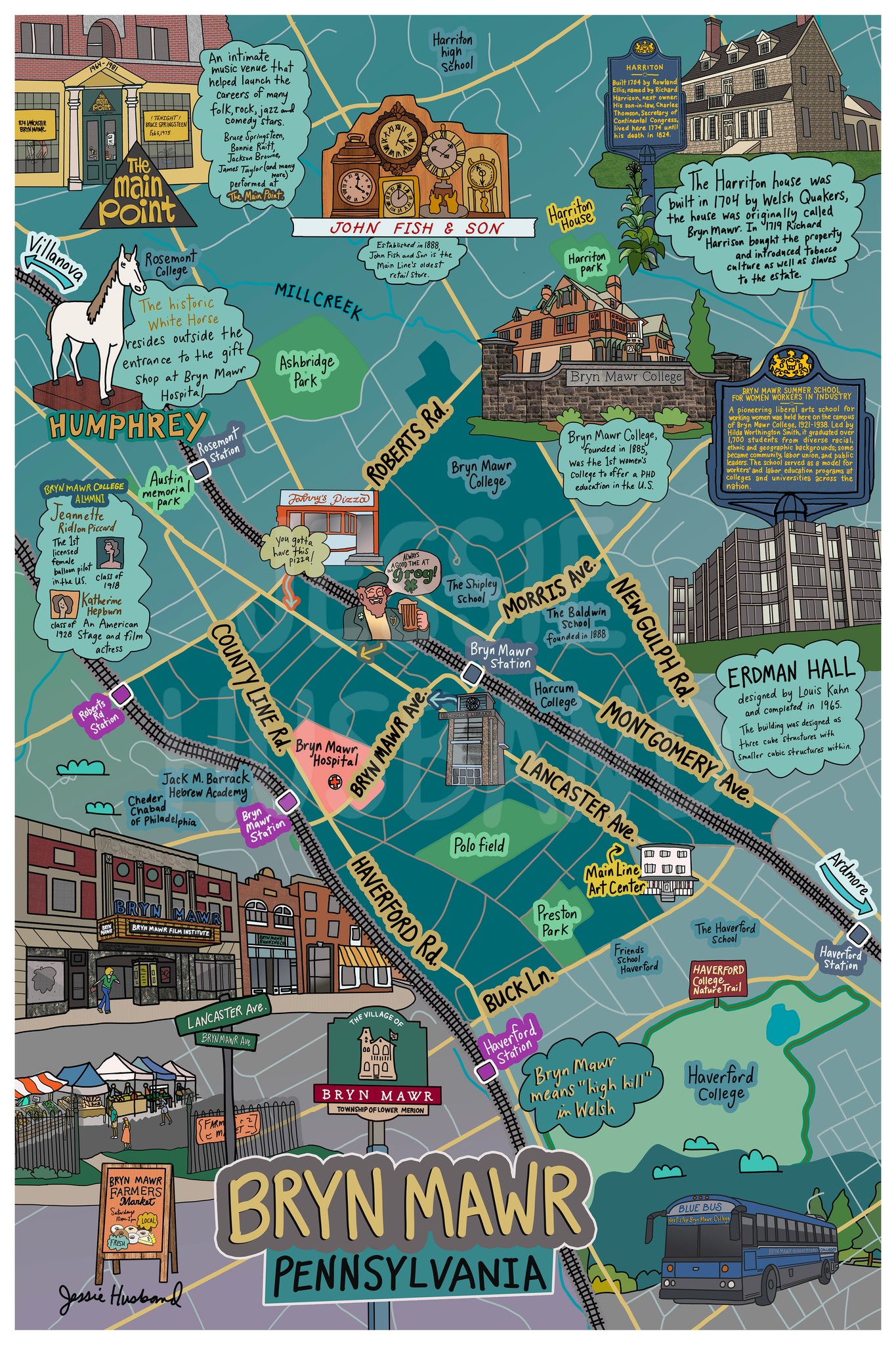 Map of Bryn Mawr, Map Art, Main Line, Pennsylvania (customization and framing options)