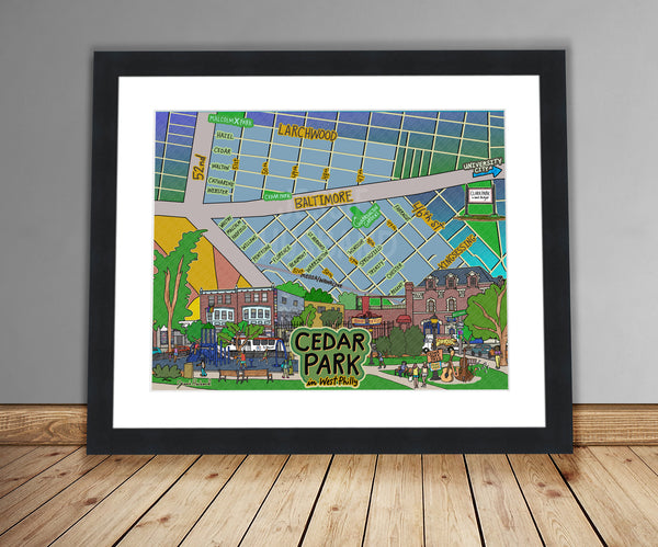 Map of Cedar Park, West Philly, Philly Map Art, Pennsylvania (customization and framing options)
