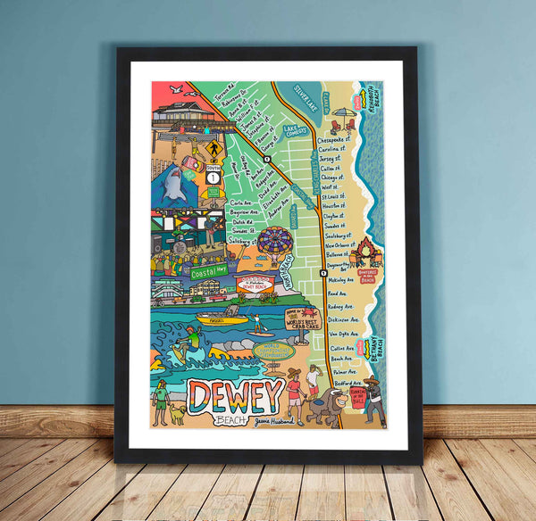 Map of Dewey Beach, Delaware (customization and framing options available)