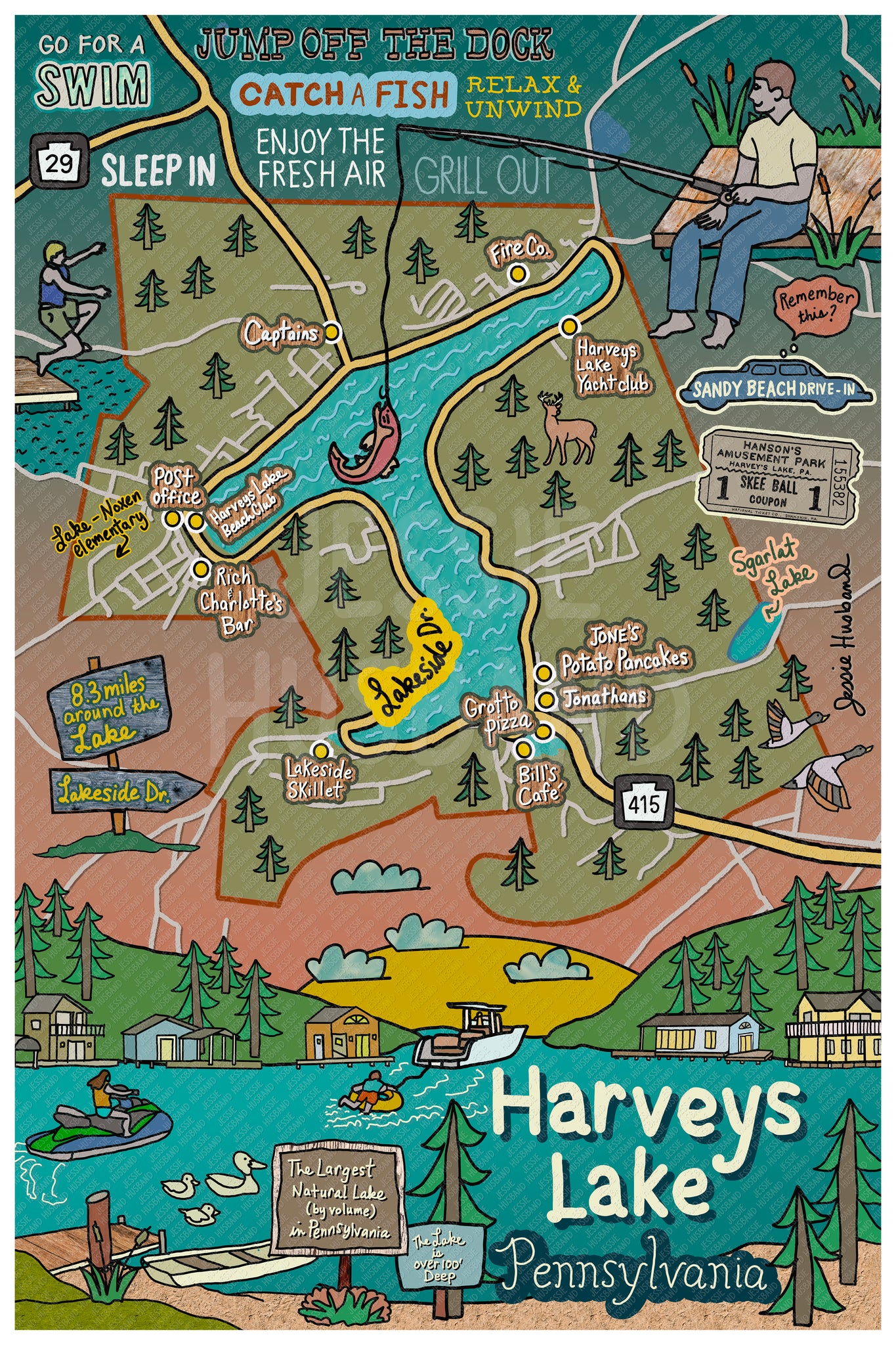 Map of Harveys Lake, PA (customization and framing options available)