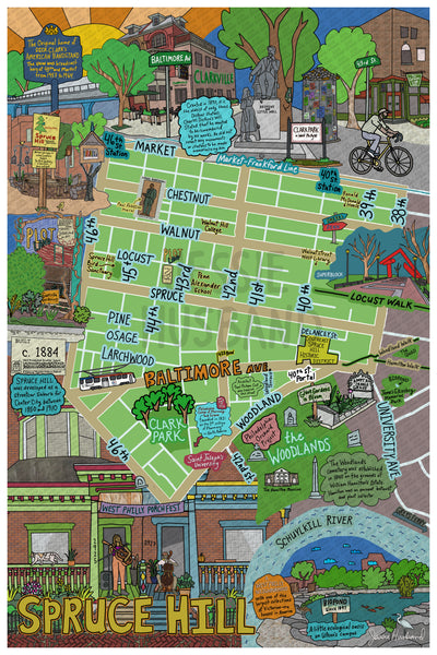 Map of Spruce Hill, West Philly, Philly Map Art, Pennsylvania (customization and framing options)