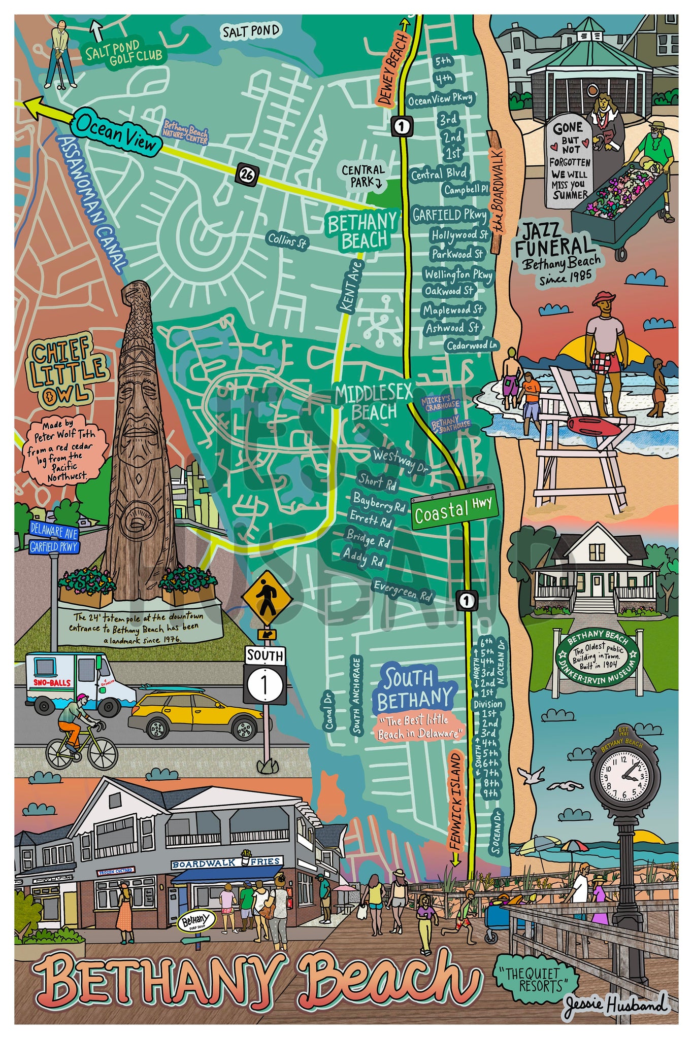 Map of Bethany Beach, Delaware, South Bethany, Middlesex, Oceanview (customization and framing options available)