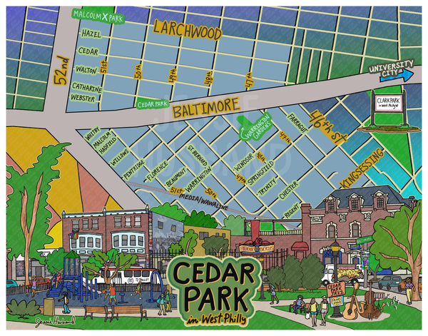 Map of Cedar Park, West Philly, Philly Map Art, Pennsylvania (customization and framing options)