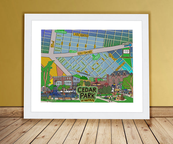 Map of Cedar Park, West Philly, Philly Map Art, Pennsylvania (customization and framing options)