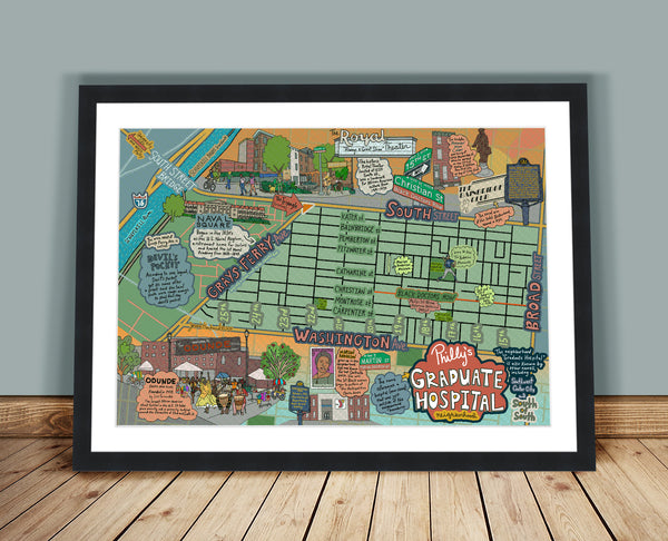 Map of Graduate Hospital, South of South, Philly neighborhood, Philly Map Art, Pennsylvania (customization and framing options)