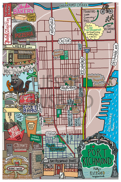 Map of Port Richmond, Philadelphia (customization and framing options available)