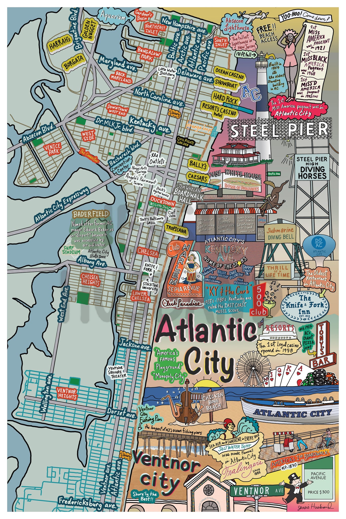 Map of Atlantic City, Ventnor City, New Jersey (customization and framing options available)