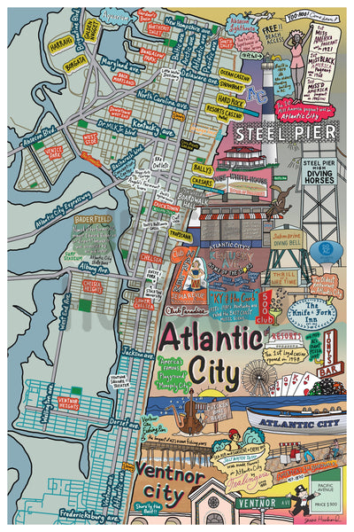 Map of Atlantic City, Ventnor City, New Jersey (customization and framing options available)