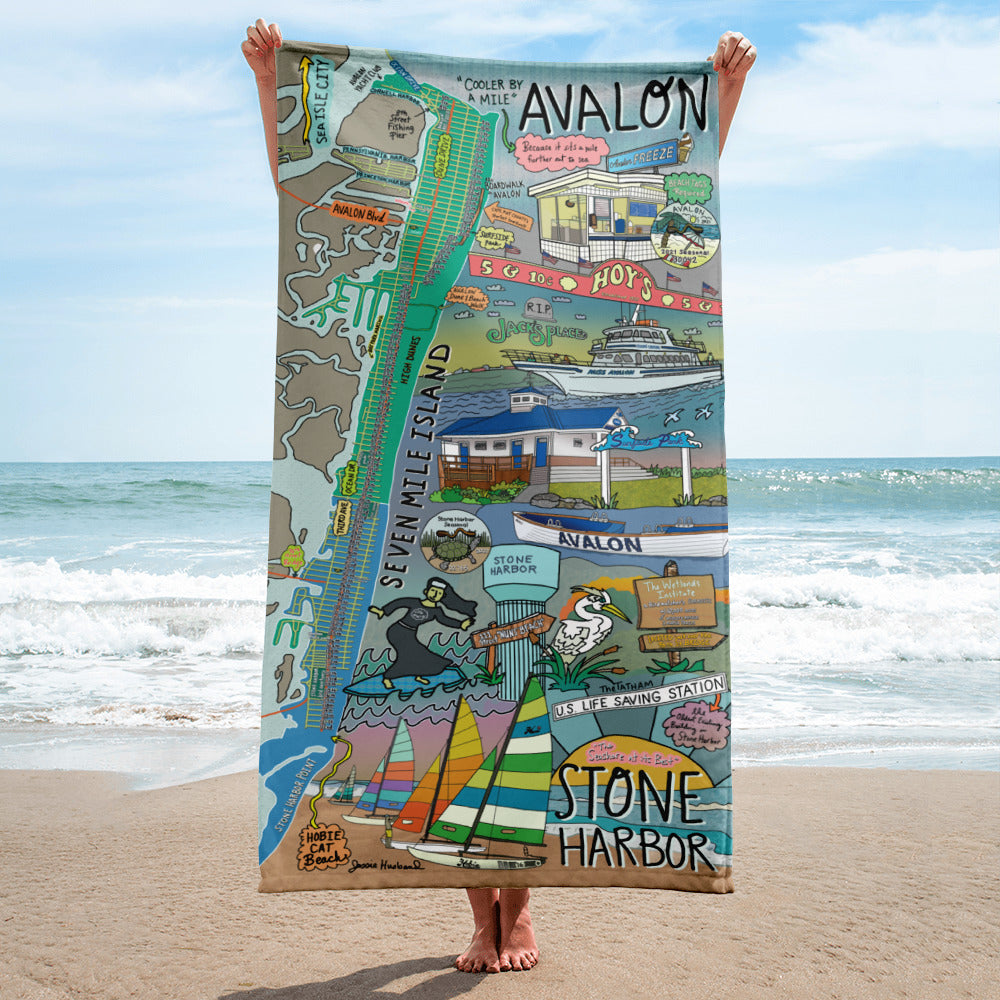Map of Avalon and Stone Harbor Beach Towel - Jessie husband