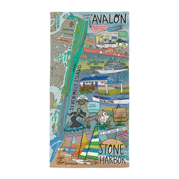 Map of Avalon and Stone Harbor Beach Towel - Jessie husband